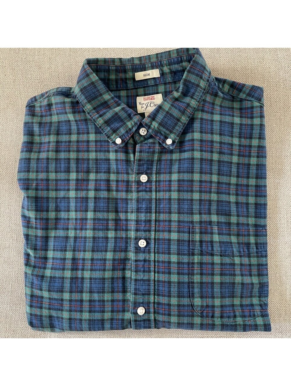 J. CREW SLIM Button Down Oxford Red White Blue Check XL